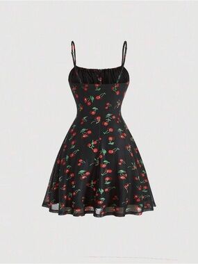 Black Mini Dress with Red Cherry Print